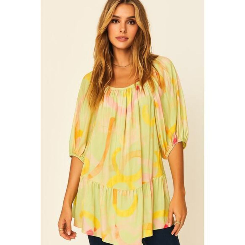 Aldo Martins Spring Floral Yellow Elbow Sleeve Top Size L‎ NWT